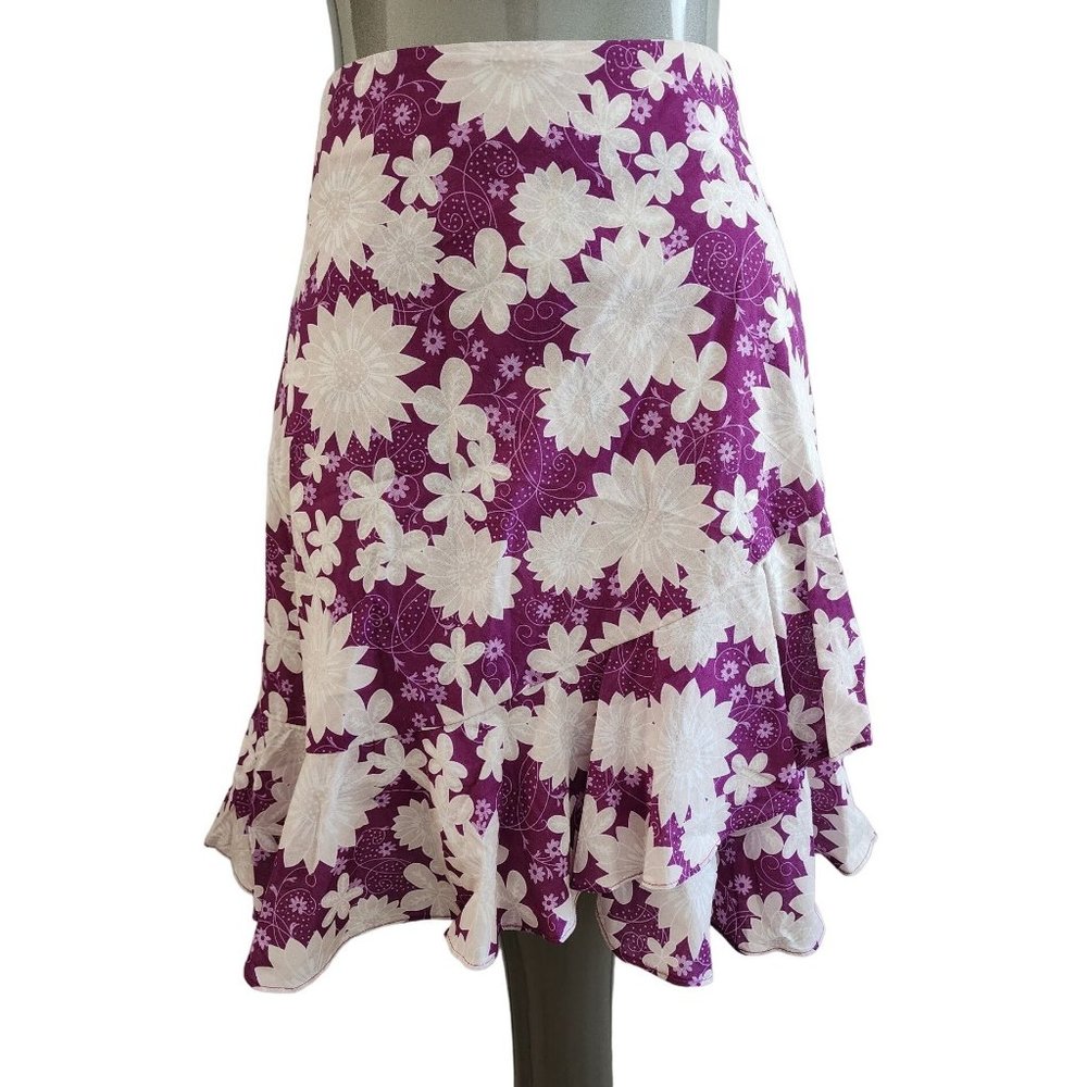 Miguelina NWT Floral Purple Skirt Ivory Ruffle Wrap Small